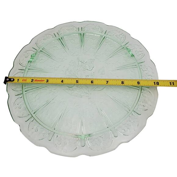 Jeannette Glass Green Depression 3-Footed Cake Plate Cherry Blossom Pattern Vtg - Picture 10 of 13